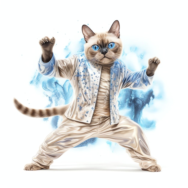 Foto gatto siamese con tuta ispirata alla discoteca che si scatena al ritmo dell'illustrazione in stile acquerello per
