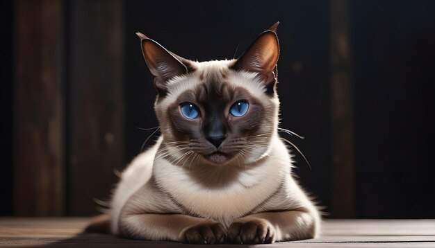 Siamese Cat Elegance Feline Grace Atop Houten tafel op donkere achtergrond voor Siamese Kat Day