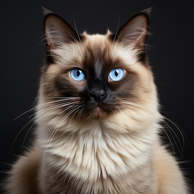 A siamese cat is sitting on a gray background