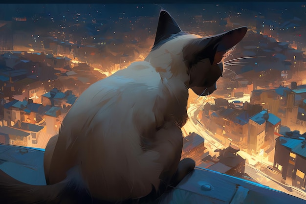 A Siamese cat mesmerized by a bustling city