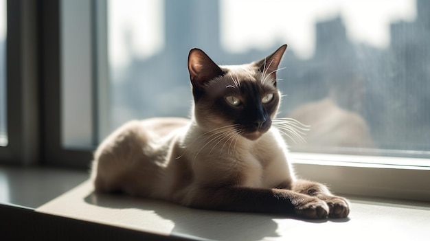 A siamese cat sits on a windowsill in front of a window.
