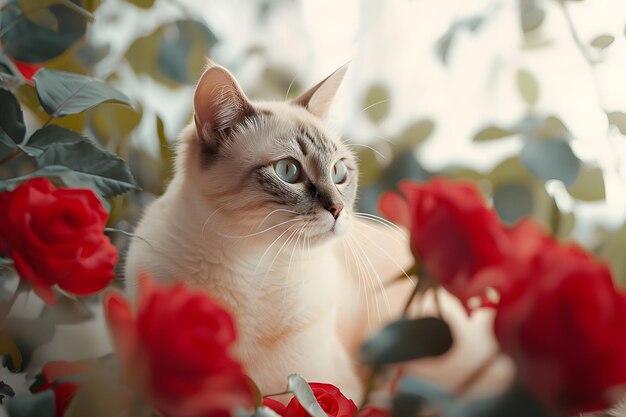Photo siamese cat with striking blue eyes poses elegantly among vibrant red roses in a bright softly lit setting