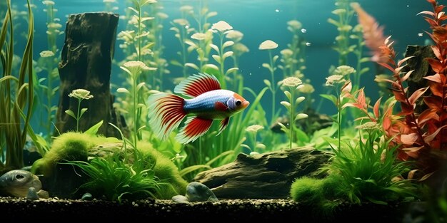 A siamese fighting fish with a blue tail and red tail