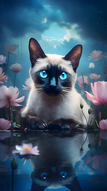 Siamese kat in een watervijver met lotusbloemen telefoon hd wallpaper ai gegenereerd