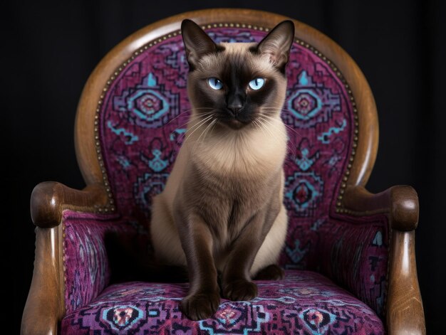 Foto siamese kat poseert op een luxe koninklijke stoel