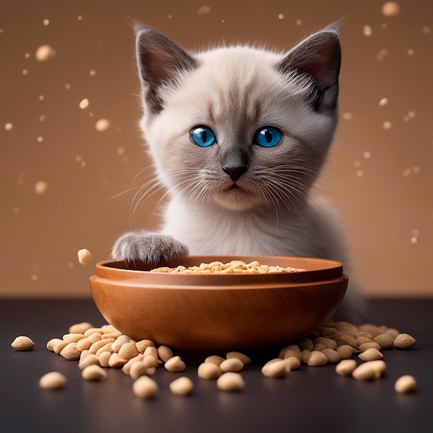 Siamese kitten zit voor een grote houten kom met droogvoer