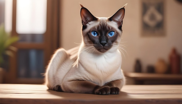 Siamese Splendor Cat op een houten tafel om de Joyful Siamese Cat Day te markeren