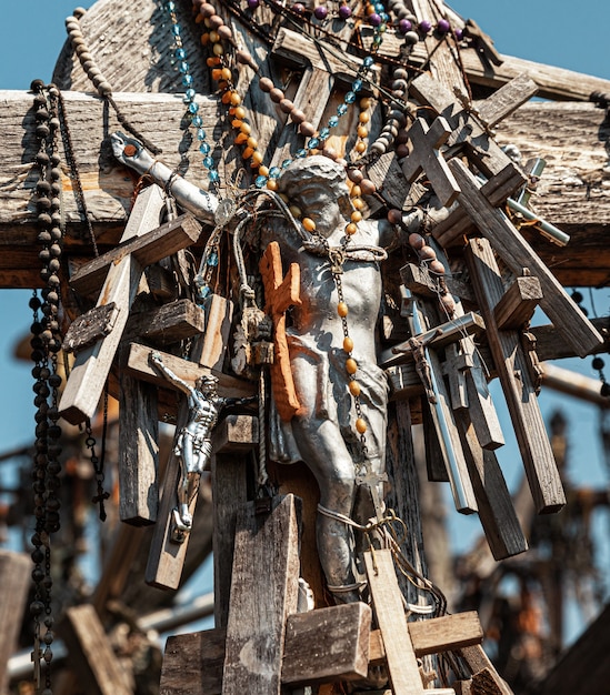 SIAULIAI, LITHUANIA - JUL 22, 2018: The Crucifixion of Chrisat the Hill of Crosses. Hill of Crosses is a unique monument of history and religious folk art