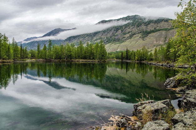 Siberia. Beautiful green fog lake in the forest. Buryatia