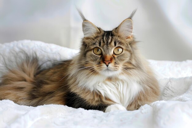 빛나는 배경 에 고립 된 시베리아 고양이 는 왕실 의 우아 함 과 웅장 한 매력 을 발휘 한다