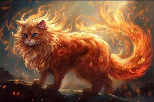 Siberian cat in the fire Digital painting on canvas