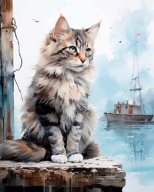 Siberian cat sitting on a wooden pier Watercolor painting