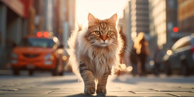 Photo siberian cat walking on the street in the city at sunset