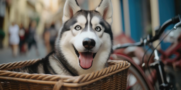 シベリアン ハスキー犬は、町の通りで夏の日差しの日の朝に楽しい自転車に乗る