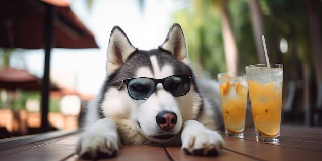 シベリアン ハスキー犬は海辺のリゾートで夏休みを過ごし、ハワイの夏のビーチでリラックスした休息をとっています