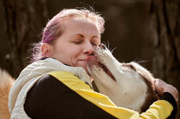 シベリアン ハスキー犬が人間とペットの面白い出会いのピンクの髪の真の愛を持つ女性にキス