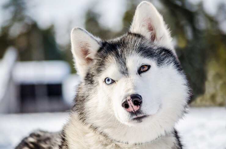 Photo siberian husky dog looks around. husky dog has black and white coat color. 