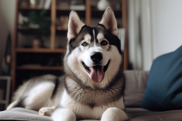 AIが生成した自宅のソファに横たわるシベリアン・ハスキー犬