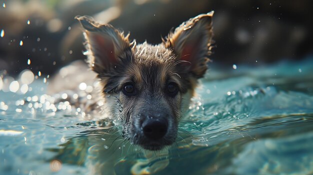 水中を泳ぐシベリア・ハスキー犬の子犬