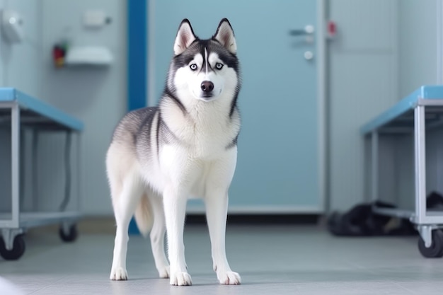 動物診療所の床に立っているシベリアンハスキー犬