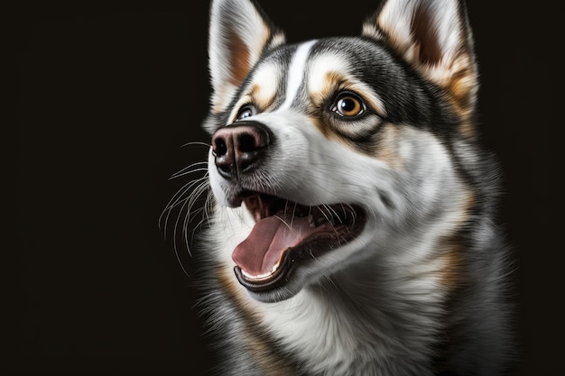 Siberian Husky Dog Surprised Mouth Opened Frontal Profile Portrait Isolated on Black