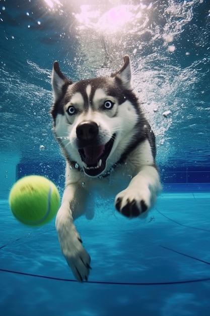 Siberian Husky dog swimming underwater with a tennis ball