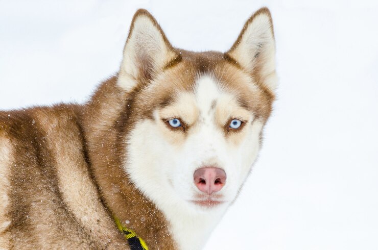 青い目のシベリアンハスキー犬。ハスキー犬は茶色のコート色をしています。