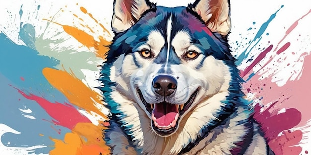 Siberian husky dog with colorful paint splashes on white background