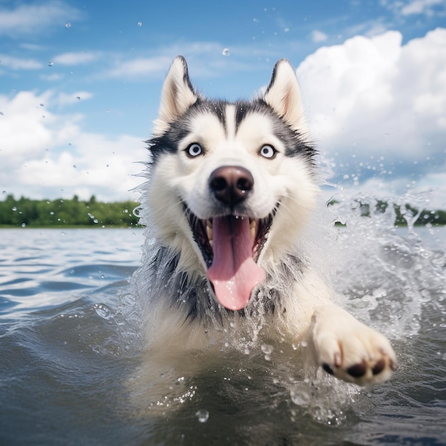 Сибирский хаски наслаждается освежающим купанием в озере