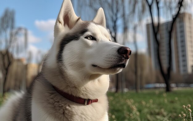 사진 시베리아 허스키 (siberian husky) 는 공원의 잔디에 앉아 있습니다.