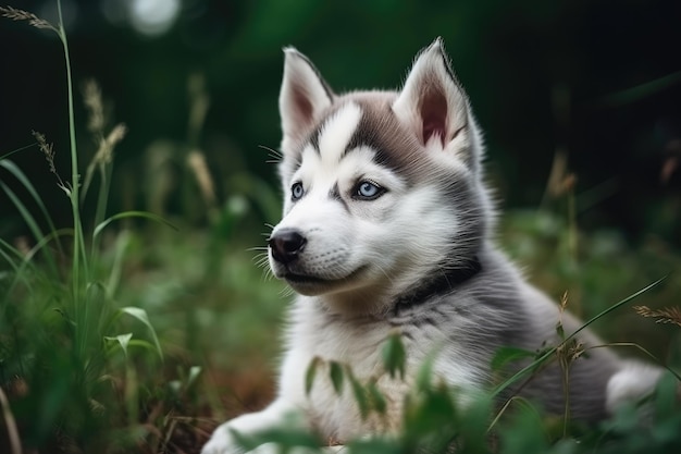 Siberian Husky puppy lying in the grass and looking at the camera Cute Siberian husky puppy sitting in the green field Ai generated