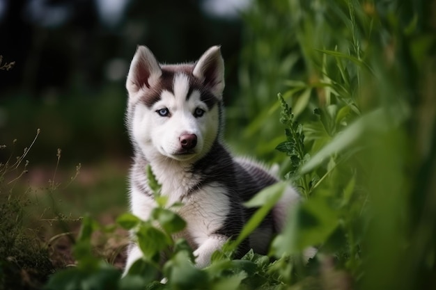公園の芝生に座っているシベリアン ハスキーの子犬 緑の野原に座っているかわいいシベリアン ハスキーの子犬 Ai が生成