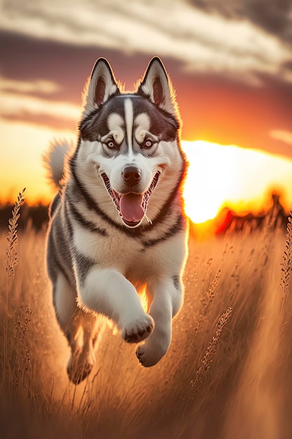 Siberian husky running in action on the field grass Wildlife photography AIGenerated