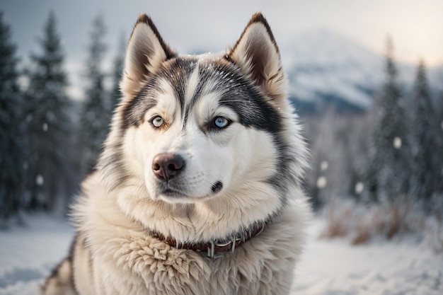雪に覆われた冬の風景の中のシベリア・ハスキーが 壮大な外見を捉えている
