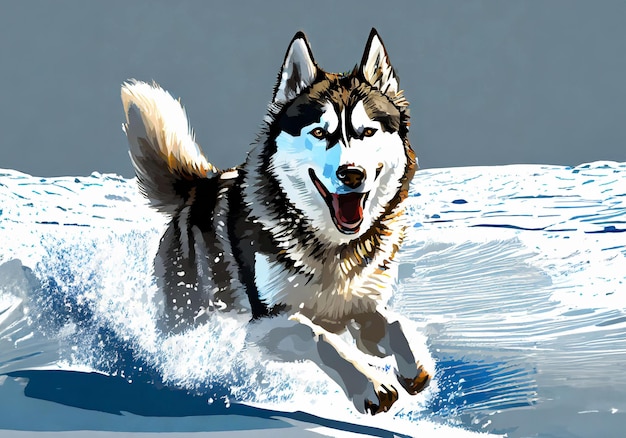 Foto husky siberiano che corre nel vasto campo di neve