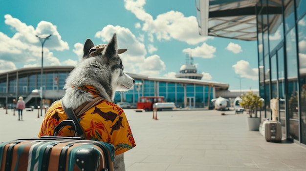 a siberian husky wearing a tourist shirt and hat carrying a large suitcase airport Generative Ai