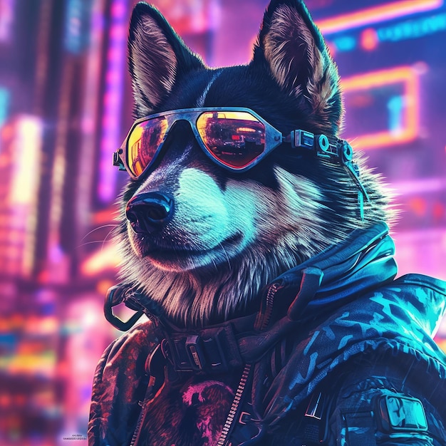 Siberian husky wolf wearing aviator sunglasses