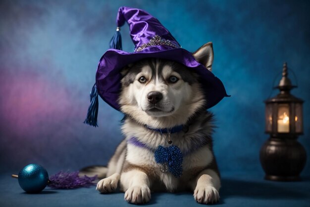 Siberian Spellbinder Cute Dog in Witch Hat and Halloween Decor