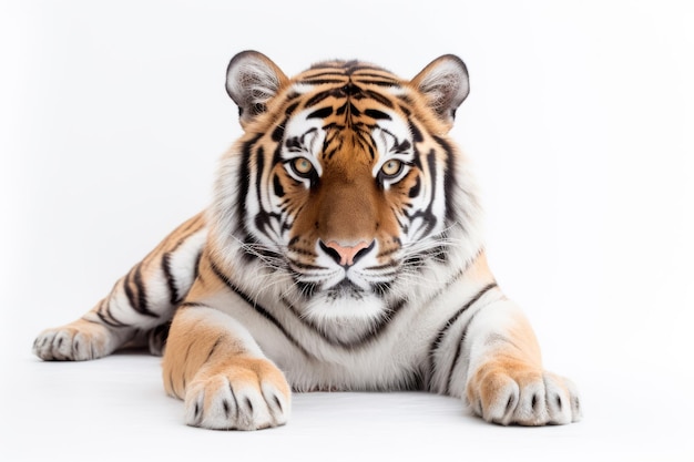 Амурский тигр лежит на белом фоне, сгенерированном ИИ