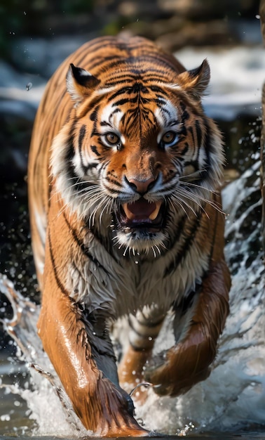 Siberian tiger running through water with mouth open and mouth wide open