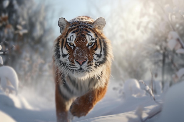 雪の中のシベリアの虎 この壮大な動物の美しいダイナミックで強力な写真