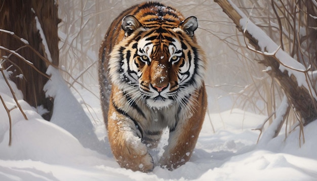 Siberian Tiger walking on snow