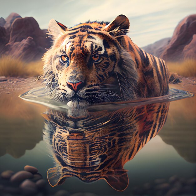 Siberian Tiger in the water 3D Rendering