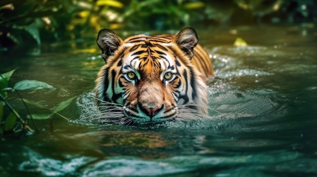 Siberian tiger in the water in the wild