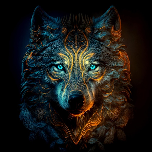 파란색 빛나는 눈을 가진 시베리아 늑대 추상 디자인 3d 일러스트