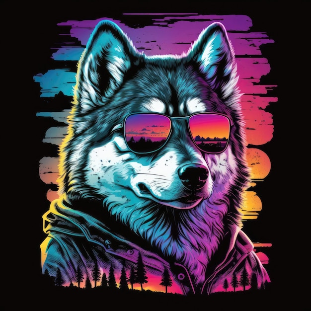 Siberische Husky Dog 80s Synthwave Gedetailleerde TShirt Vector Art met Levendige Kleuren Generatieve AI