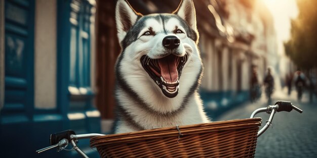 Siberische Husky-hond heeft een leuke fietstocht op zonnige ochtend in de zomer op straat in de stad