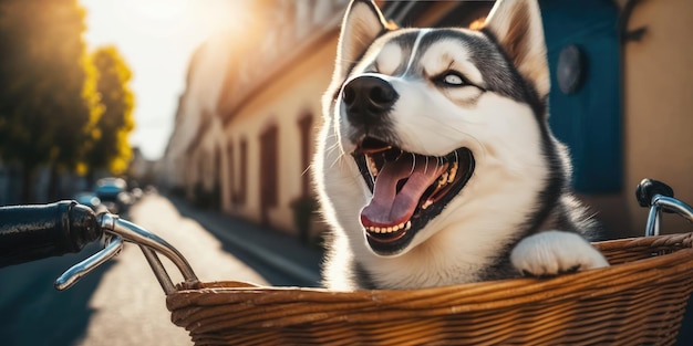 Siberische Husky-hond heeft een leuke fietstocht op zonnige ochtend in de zomer op straat in de stad