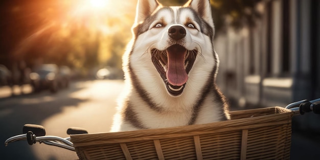 Siberische Husky-hond heeft een leuke fietstocht op zonnige ochtend in de zomer op straat in de stad