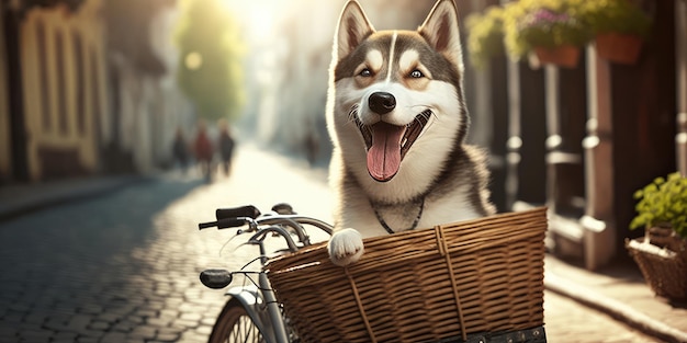 Siberische Husky-hond heeft een leuke fietstocht op zonnige ochtend in de zomer op straat in de stad